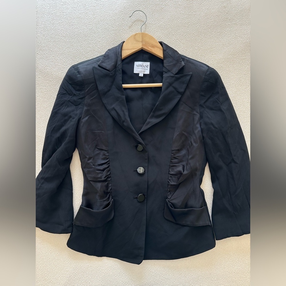 Armani Collezioni Classic Black Satin Blend Tuxedo Blazer - Picture 2 of 7